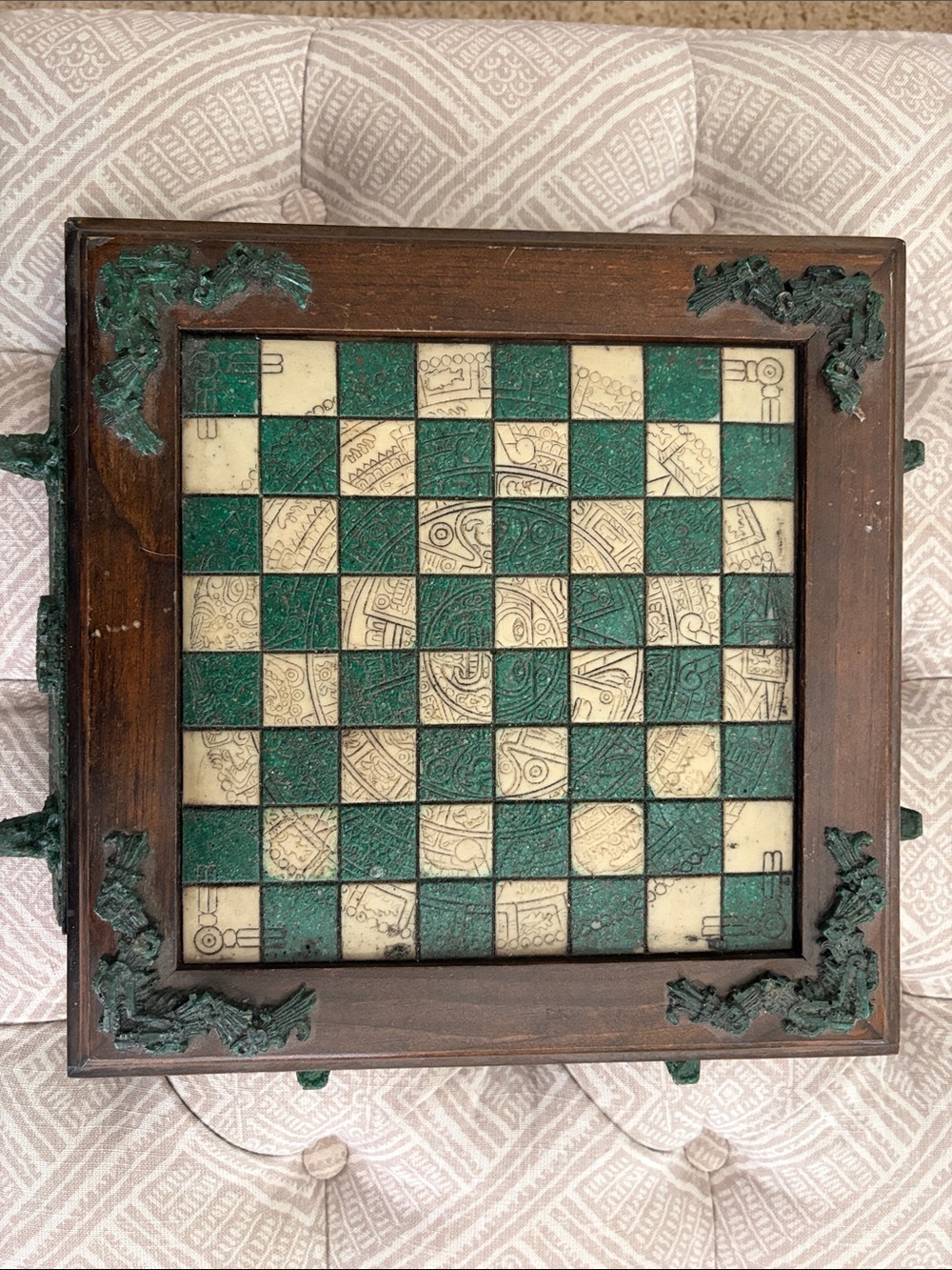 Vintage Aztec Mayan Themed Chessboard with stone and Resin Inlays.